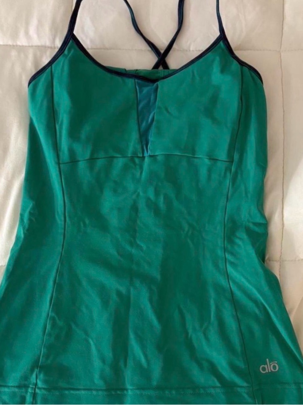 ALO Yoga Teal Green Strappy Tank with Navy Trim
